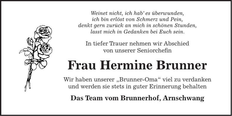 Traueranzeige Hermine Brunner