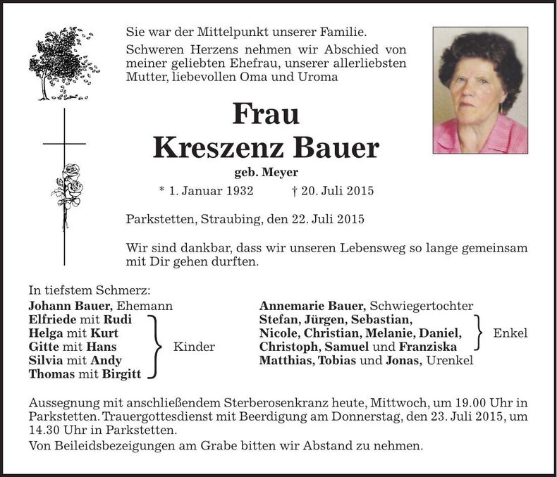 Traueranzeige Kreszenz Bauer