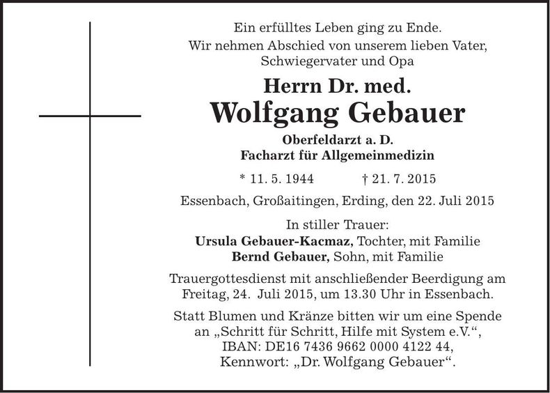 Traueranzeige Wolfgang Gebauer