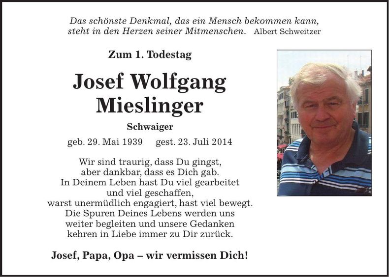 Traueranzeige Josef Wolfgang Mieslinger