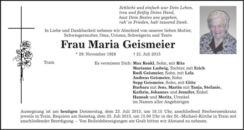Traueranzeige Maria Geismeier