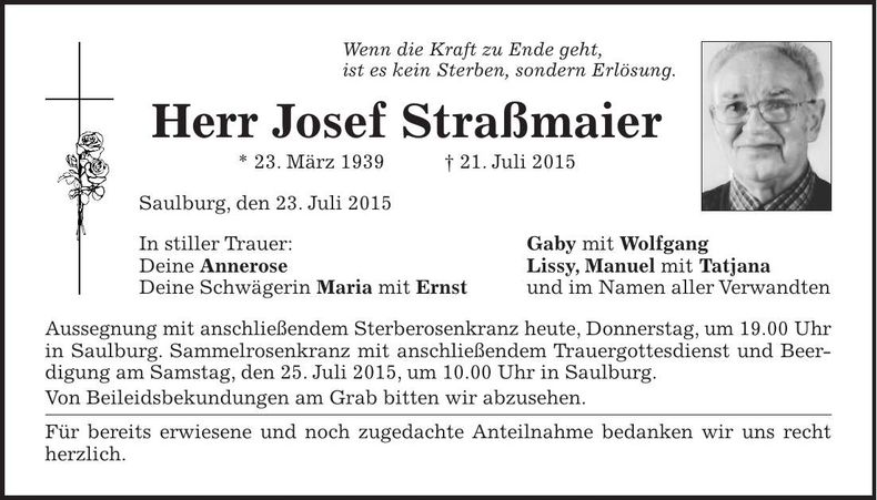 Traueranzeige Josef Straßmaier