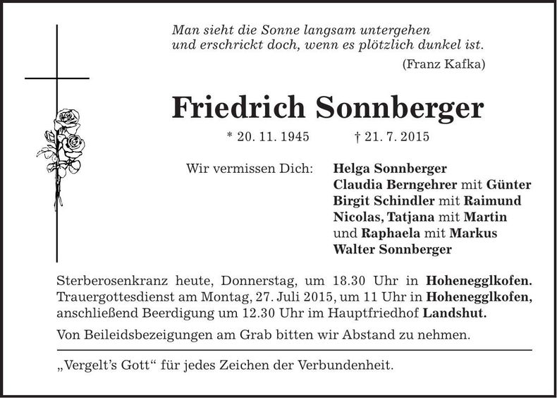 Traueranzeige Friedrich Sonnberger