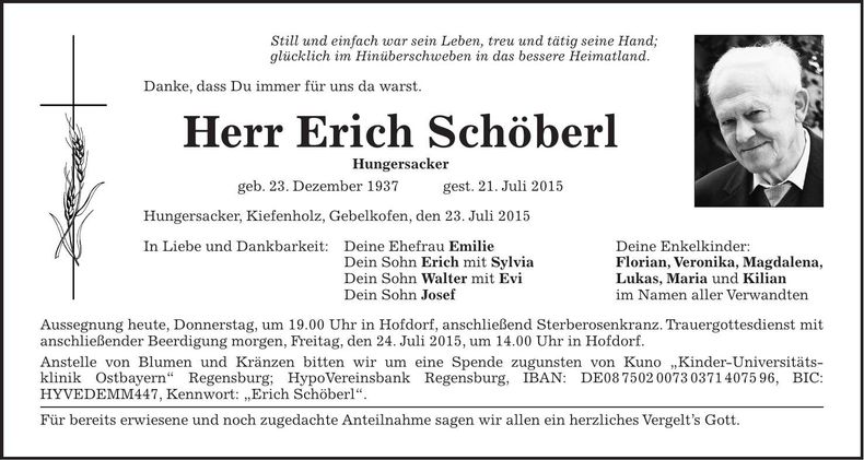 Traueranzeige Erich Schöberl