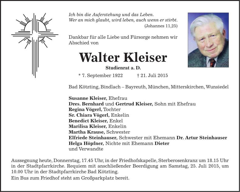 Traueranzeige Walter Kleiser