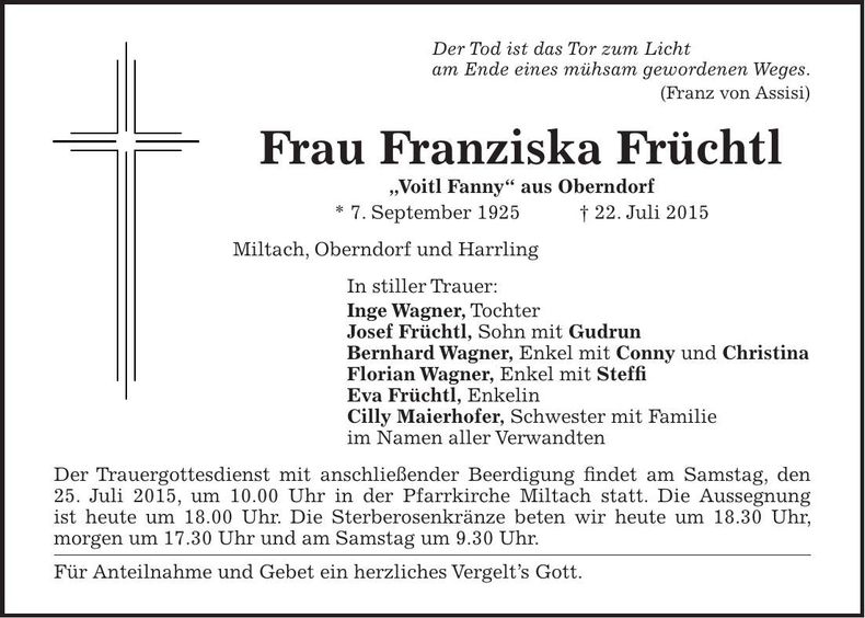 Traueranzeige Franziska Früchtl