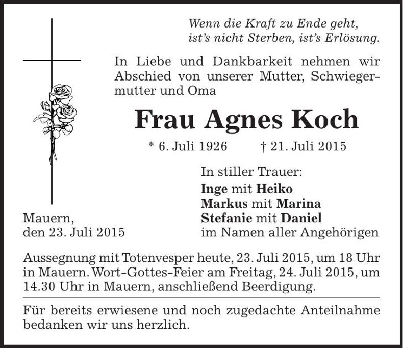 Traueranzeige Agnes Koch