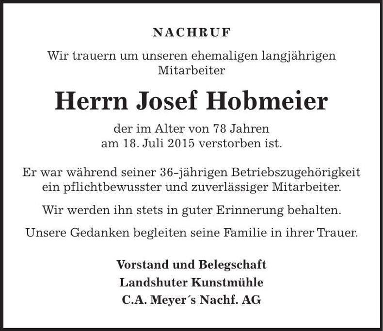 Traueranzeige Josef Hobmeier