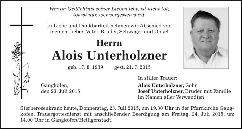 Traueranzeige Alois Unterholzner