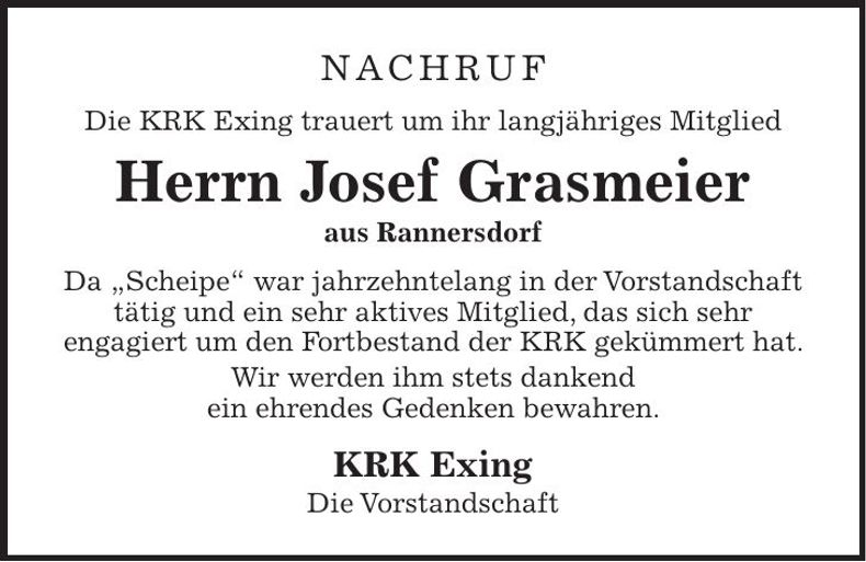Traueranzeige Josef Grasmeier
