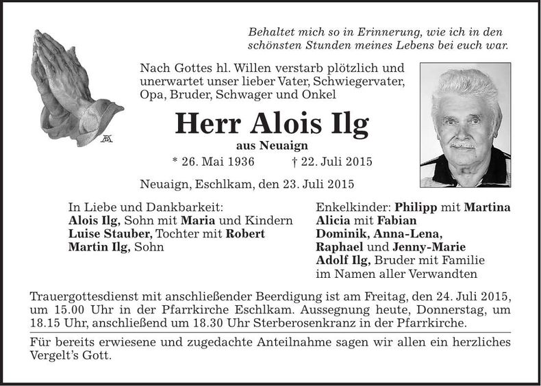 Traueranzeige Alois Ilg