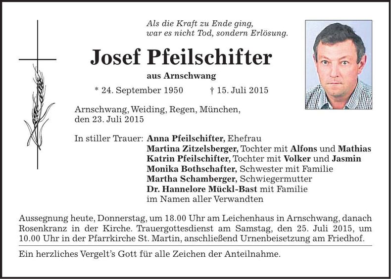 Traueranzeige Josef Pfeilschifter