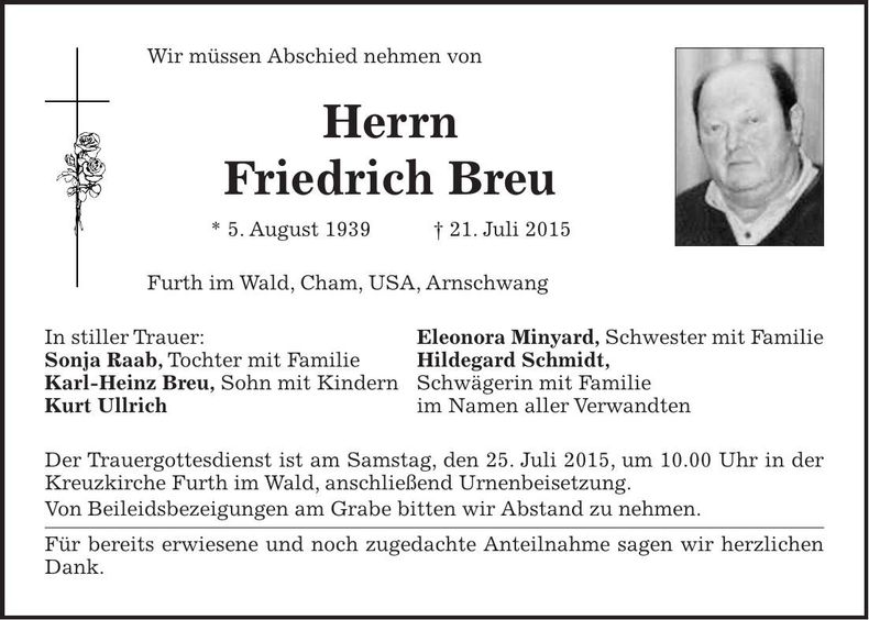 Traueranzeige Friedrich Breu