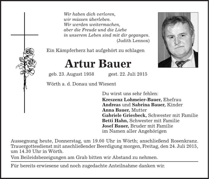 Traueranzeige Artur Bauer