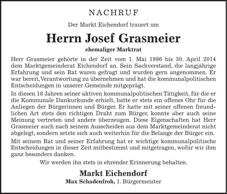 Traueranzeige Josef Grasmeier