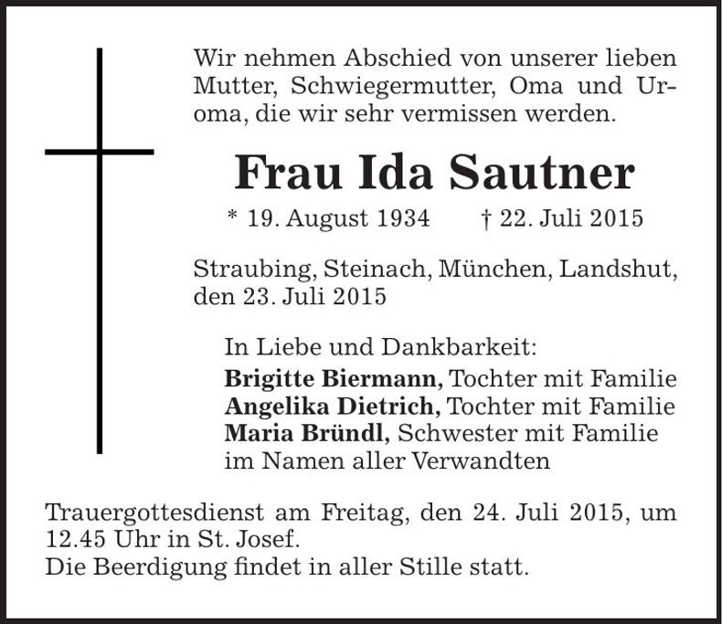 Traueranzeige Ida Sautner