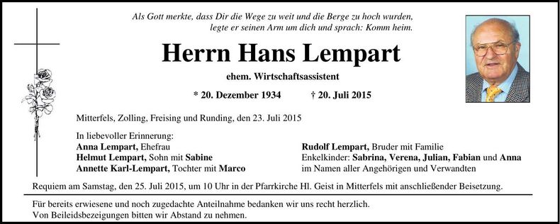 Traueranzeige Hans Lempart