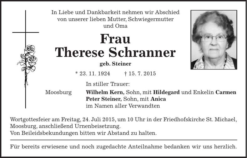 Traueranzeige Therese Schranner