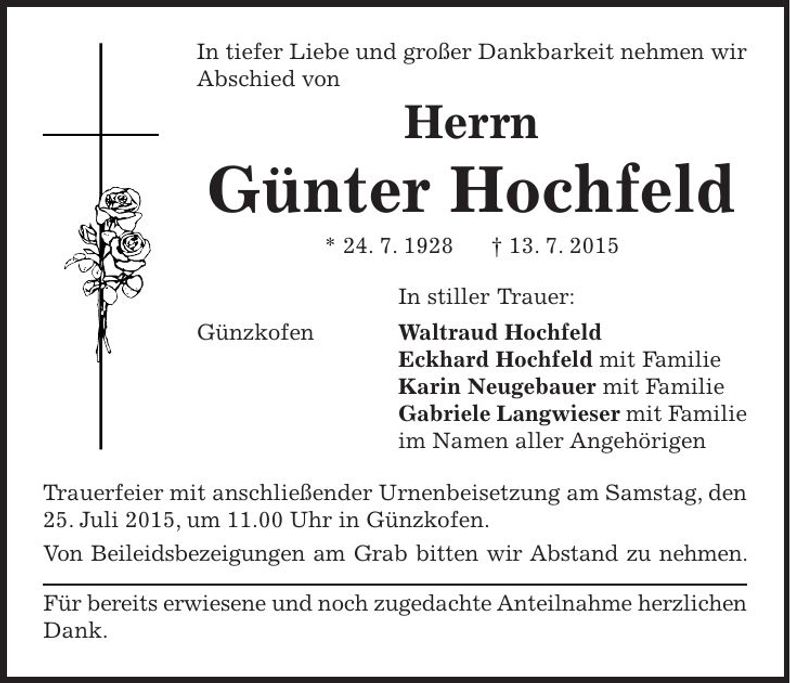 Traueranzeige Günter Hochfeld