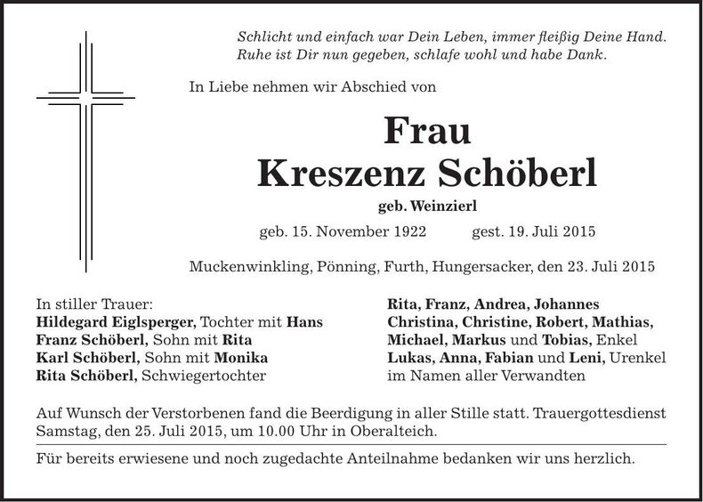 Traueranzeige Kreszenz Schöberl