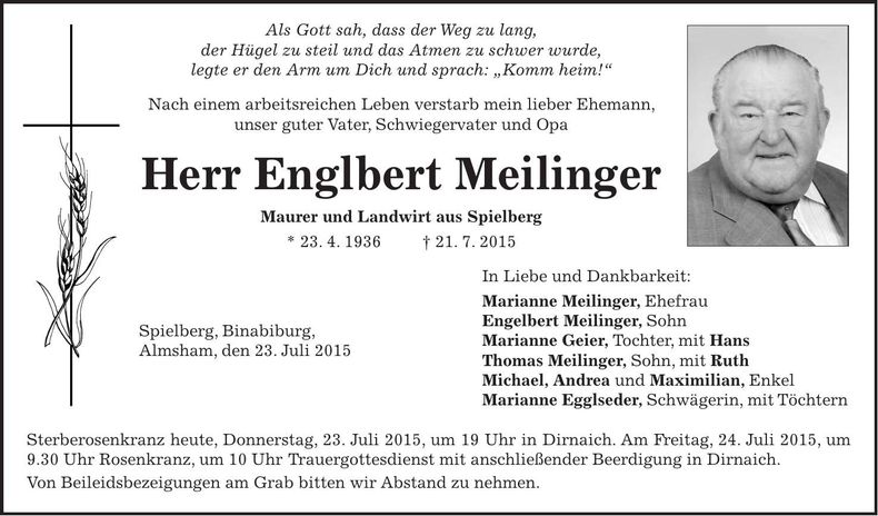 Traueranzeige Englbert Meilinger