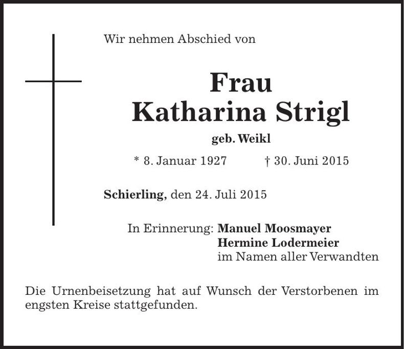 Traueranzeige Katharina Strigl