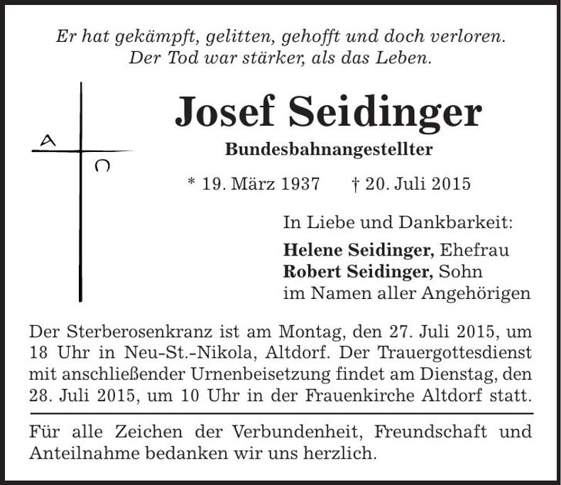 Traueranzeige Josef Seidinger