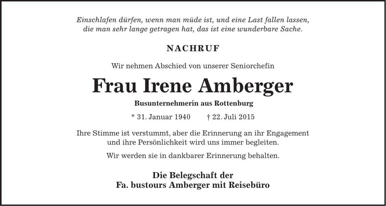 Traueranzeige Irene Amberger