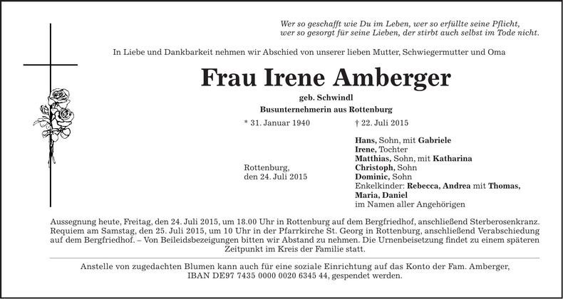Traueranzeige Irene Amberger