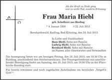 Traueranzeige Maria Hiebl