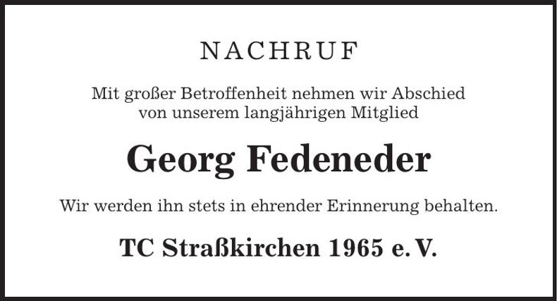 Traueranzeige Georg Fedeneder