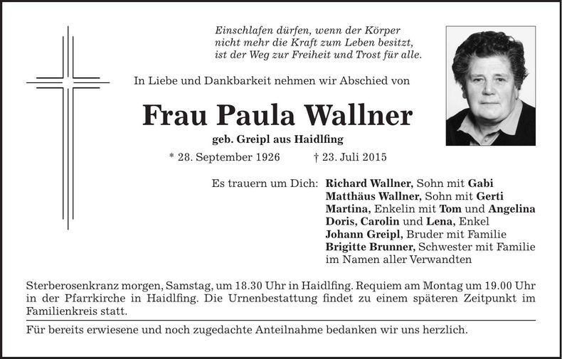 Traueranzeige Paula Wallner