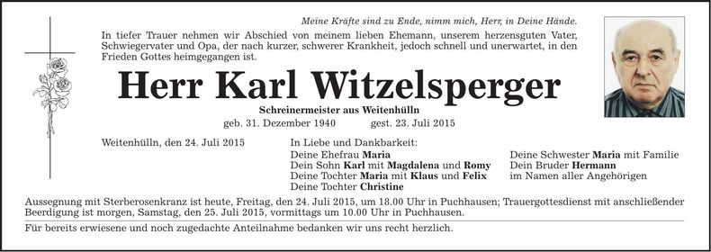 Traueranzeige Karl Witzelsperger