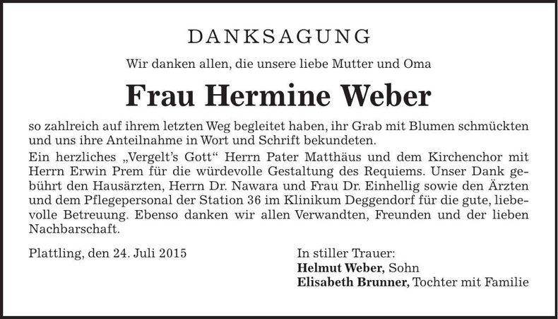 Traueranzeige Hermine Weber