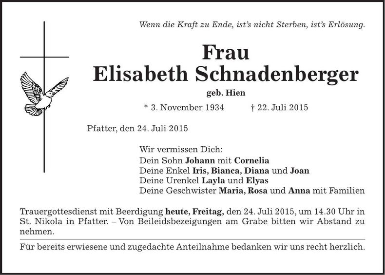 Traueranzeige Elisabeth Schnadenberger