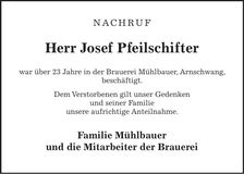 Traueranzeige Josef Pfeilschifter