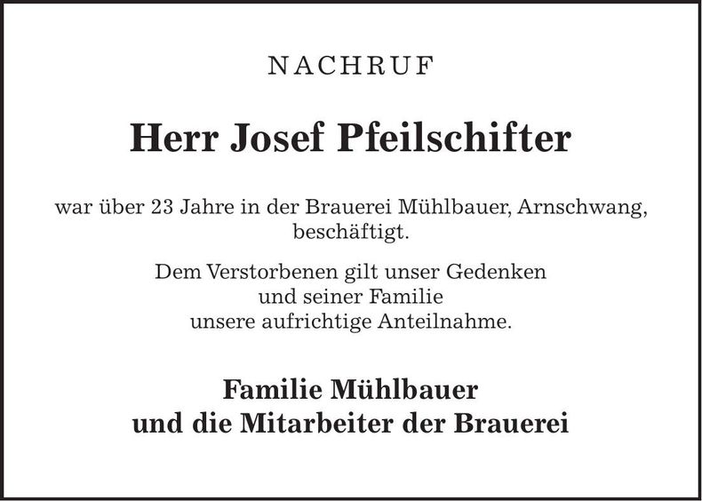 Traueranzeige Josef Pfeilschifter