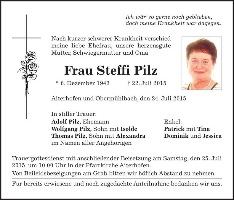 Traueranzeige Steffi Pilz