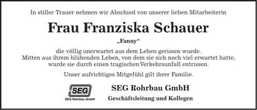 Traueranzeige Franziska Schauer
