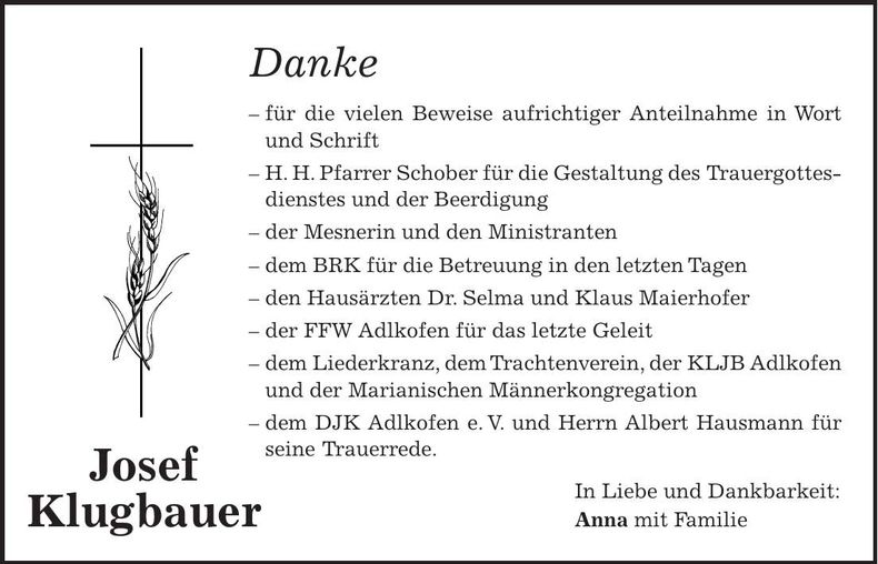 Traueranzeige Josef Klugbauer