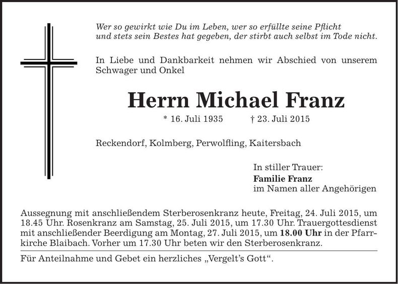 Traueranzeige Michael Franz