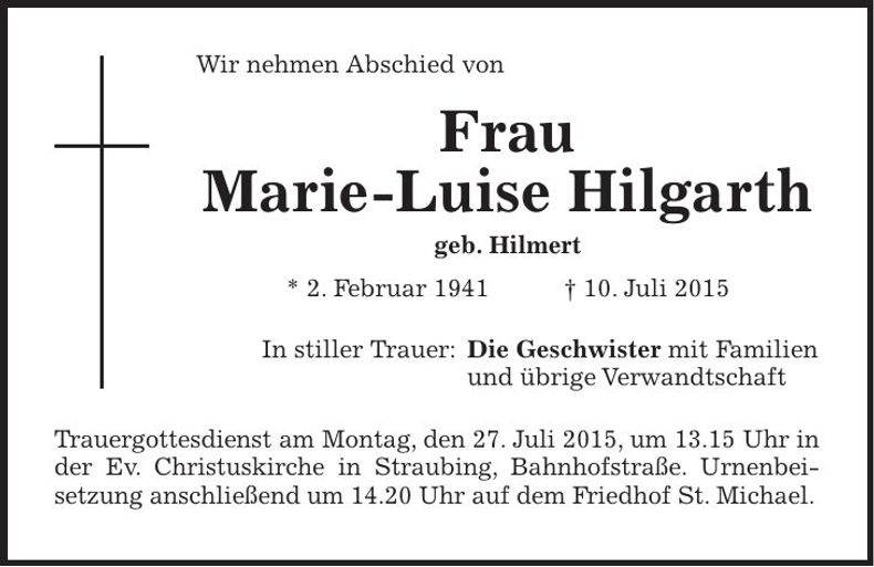 Traueranzeige Marie-Luise Hilgarth