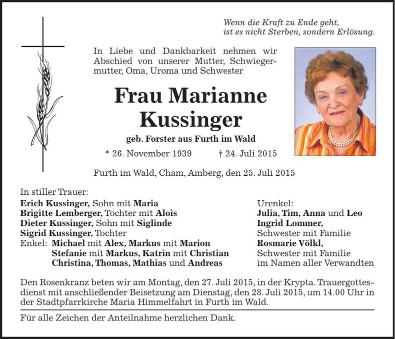 Traueranzeige Marianne Kussinger