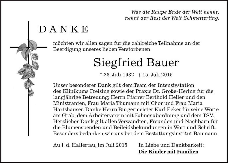 Traueranzeige Siegfried Bauer