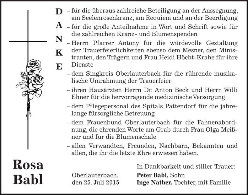 Traueranzeige Rosa Babl