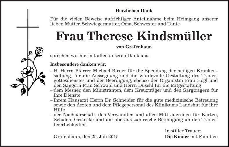 Traueranzeige Therese Kindsmüller