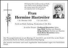 Traueranzeige Hermine Hastreiter