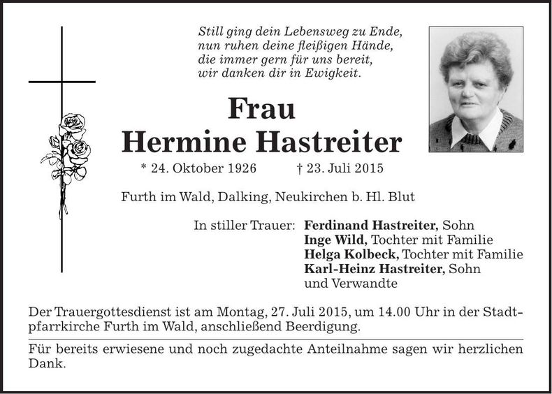 Traueranzeige Hermine Hastreiter