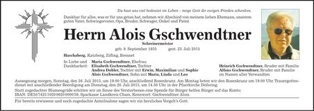 Traueranzeige Alois Schwendtner