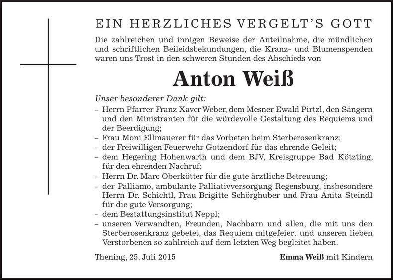 Traueranzeige Anton Weiß